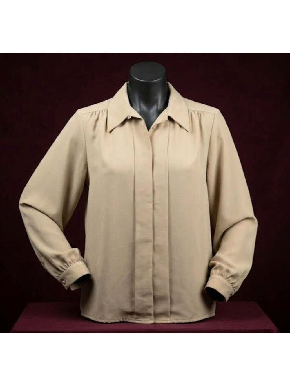 Vintage Hill Archer Womens 8 Tan Blouse Pleated Long Sleeve Secretary Career Top